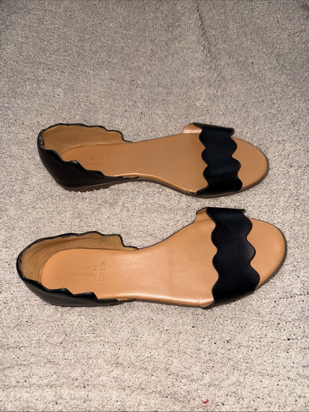 EUC J. Crew Black Scalloped D'Orsay Sandals with Tan Footbed women’s size 6.5